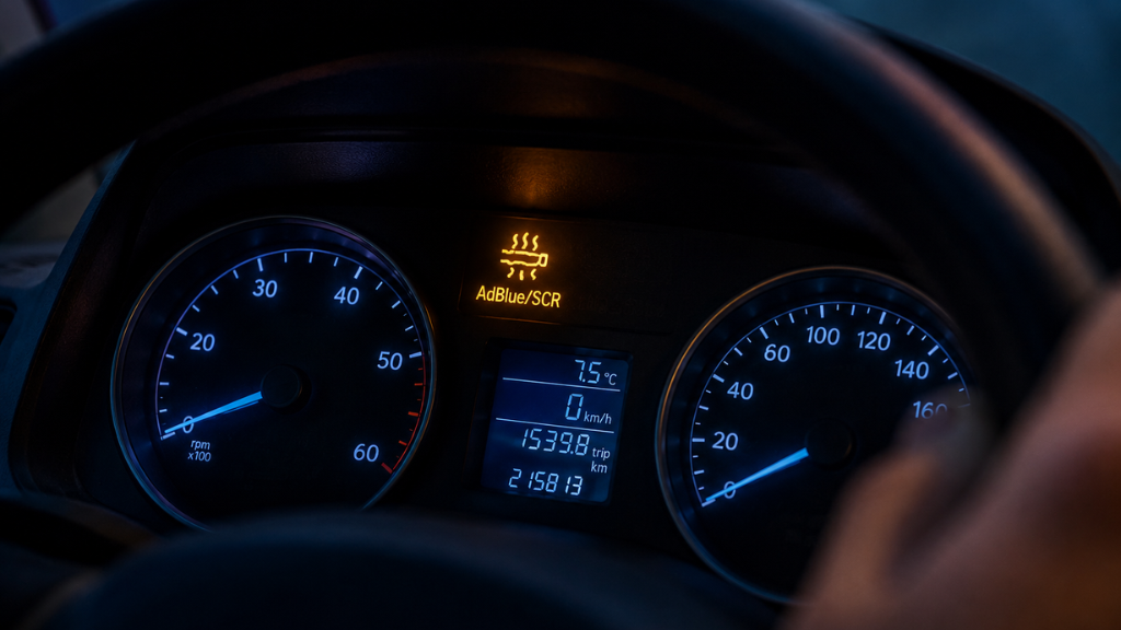Close-up of a commercial van dashboard displaying an illuminated AdBlue/SCR warning light on the instrument cluster at dusk.