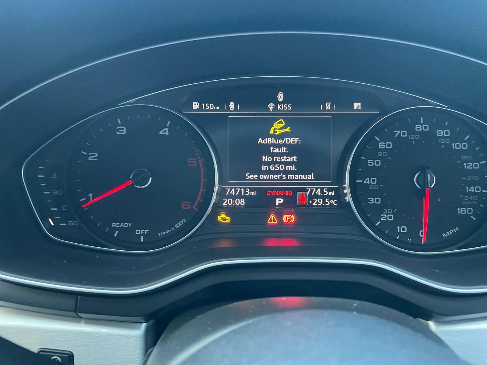 Audi dashboard showing AdBlue DEF fault warning, no restart in 650 miles