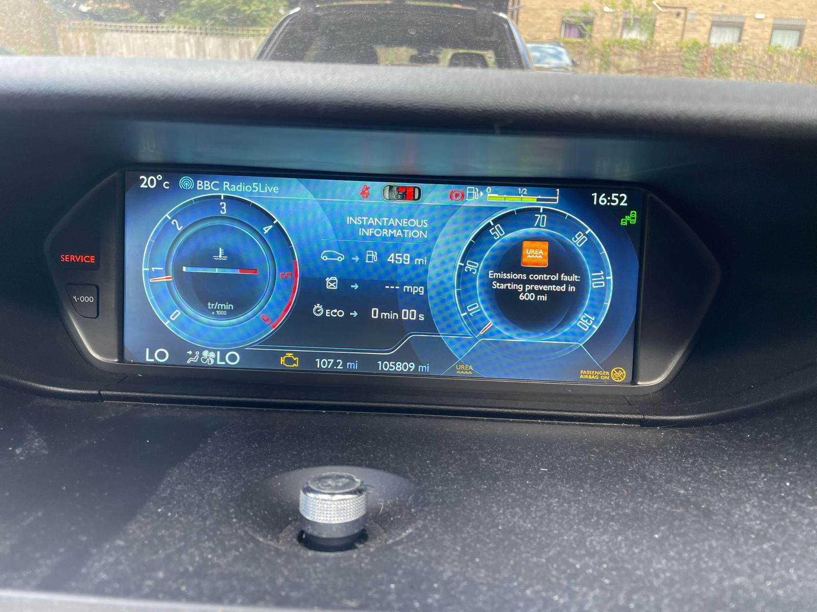 Audi dashboard showing AdBlue DEF fault warning, no restart in 650 miles