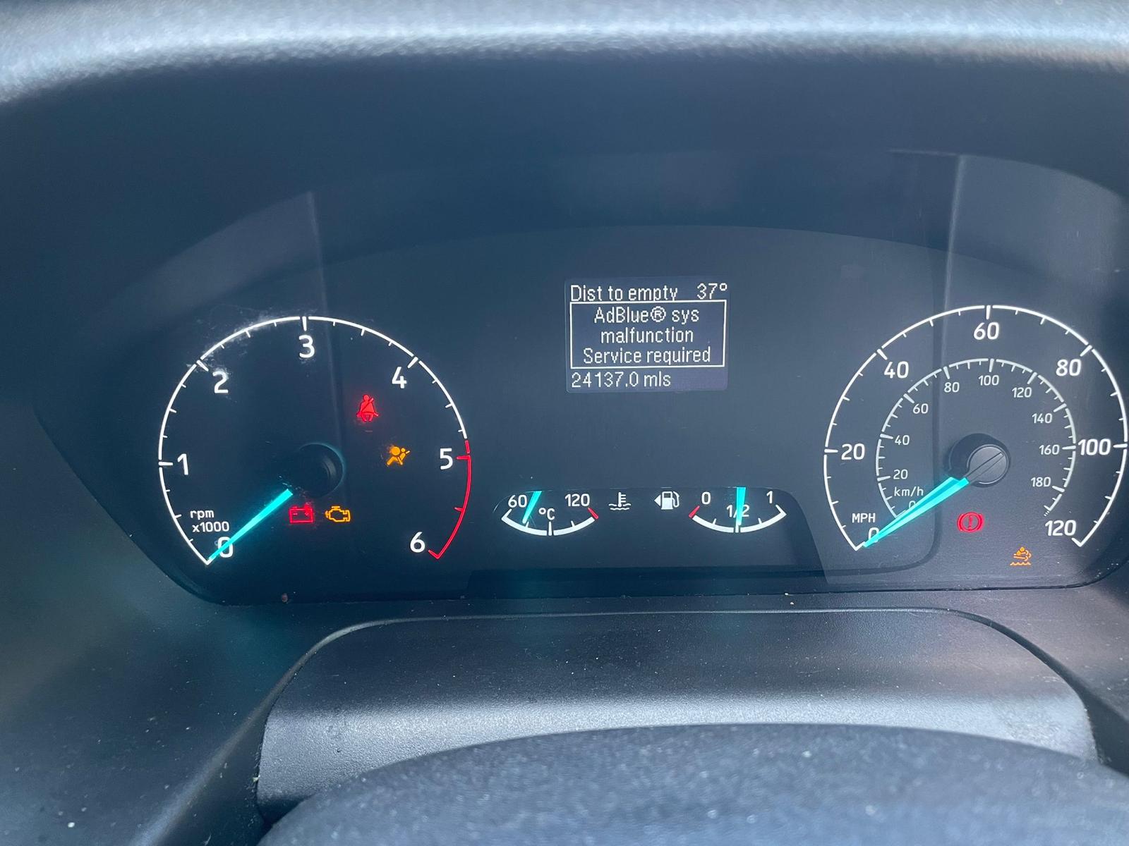 Audi dashboard showing AdBlue DEF fault warning, no restart in 650 miles