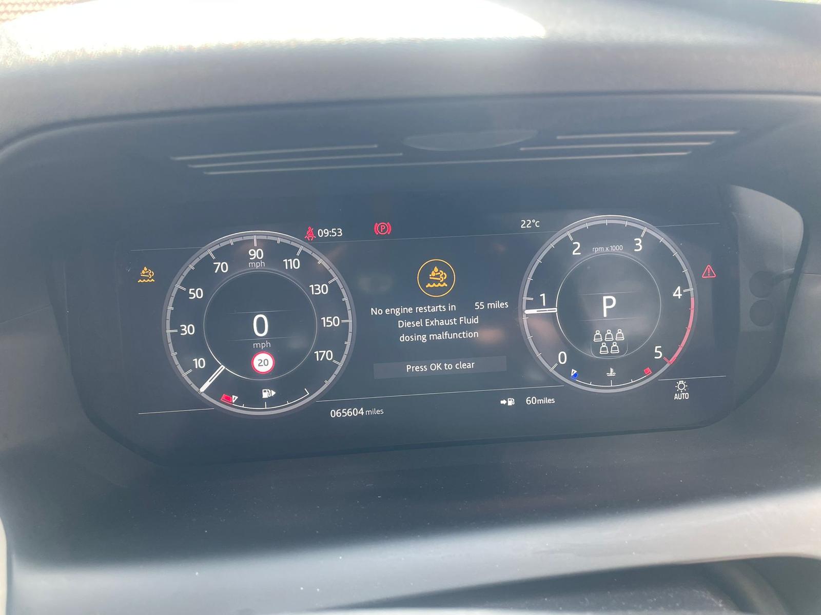 Audi dashboard showing AdBlue DEF fault warning, no restart in 650 miles