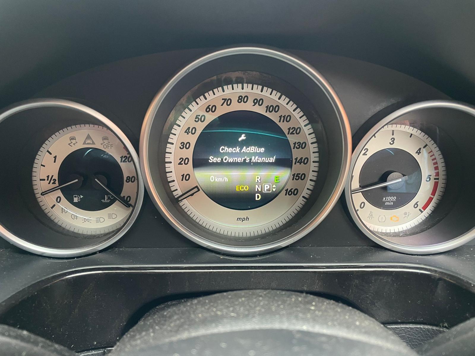 Audi dashboard showing AdBlue DEF fault warning, no restart in 650 miles