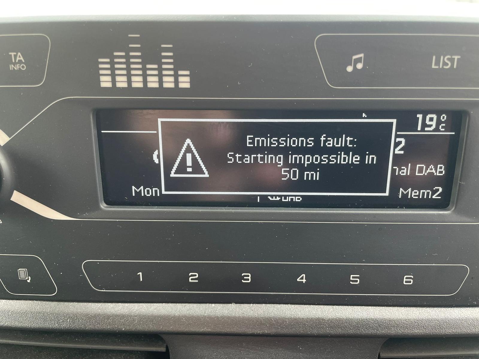Audi dashboard showing AdBlue DEF fault warning, no restart in 650 miles