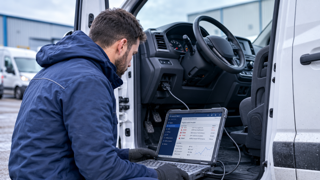 Mobile vehicle technician using a diagnostic laptop connected to a commercial van OBD port to diagnose an AdBlue and SCR system fault.